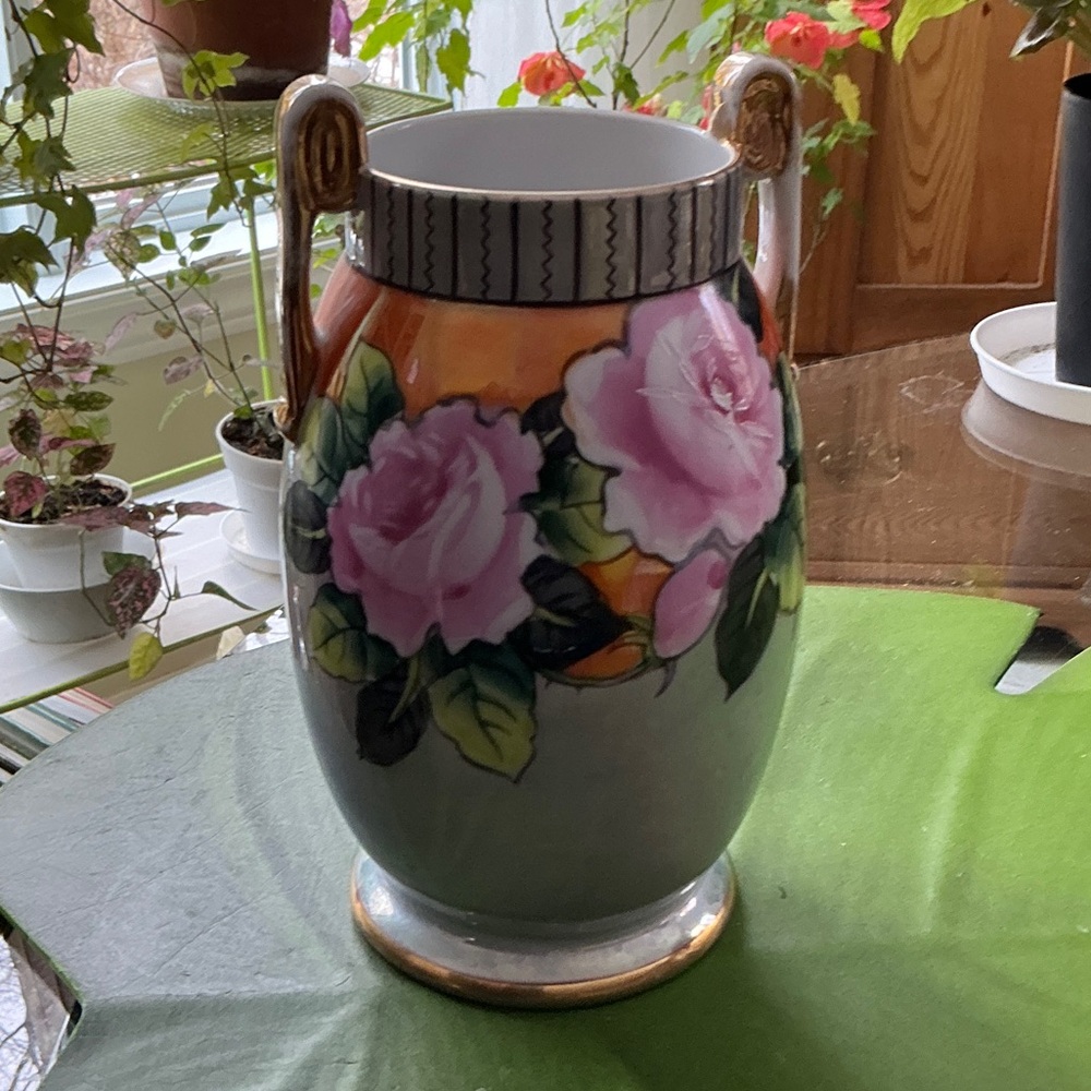 Vintage Pink Rose Ceramic Vase with Gold Handles